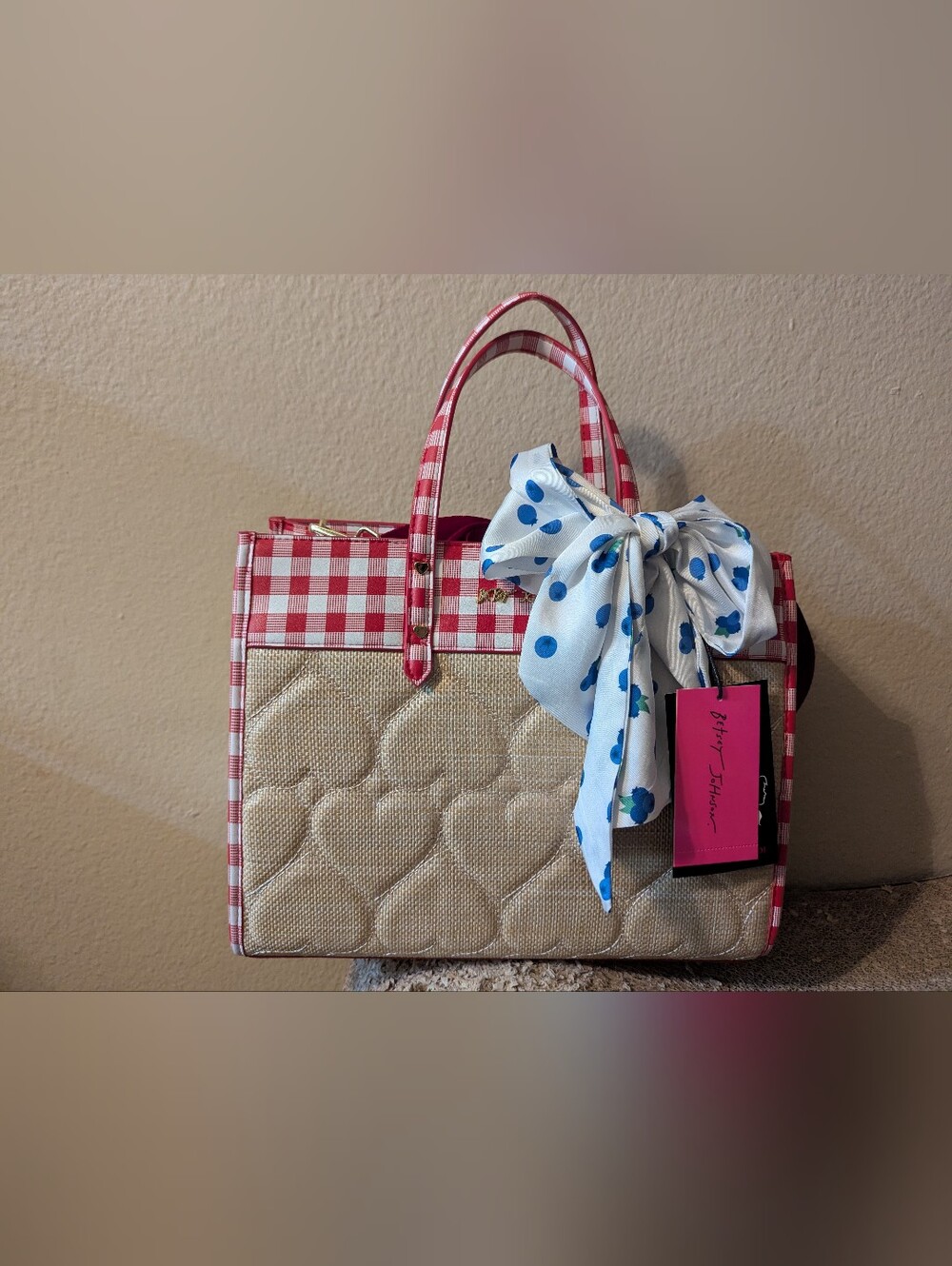 Betsey Johnson Red & Beige Check Straw Tote Bag with Blueberry Scarf